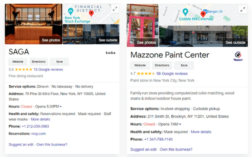 Карточки локального бизнеса в Google: фотографии, карта, рейтинг, адрес, часы работы и телефон