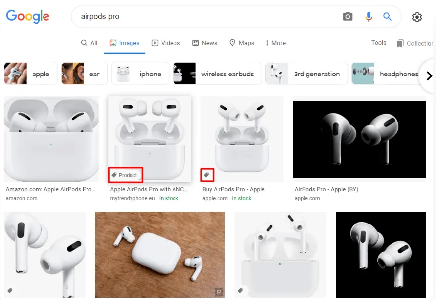 Поиск по картинкам Google: у части изображений стоит метка Product и статус наличия товара