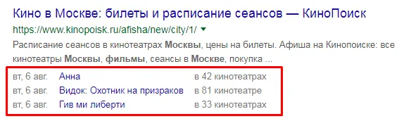 Сниппет страницы с афишей фильмов, собранный по микроразметке