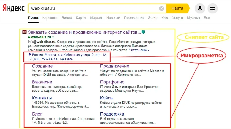 Сниппет сайта в Яндексе: микроразметка добавила адрес, телефон и блок быстрых ссылок по разделам