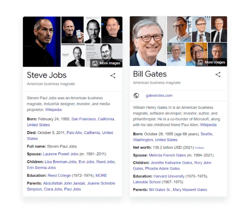 Панели знаний Google по двум персонам: фотографии, даты жизни, семья и образование от разметки Person