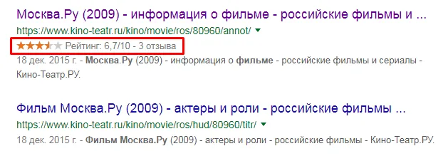 Два сниппета по одному запросу: первый с микроразметкой, второй без нее