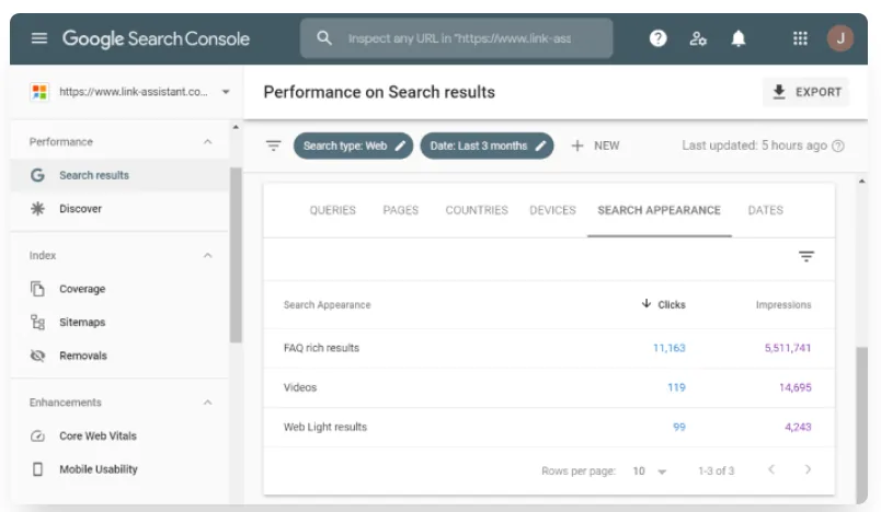 Вкладка Search Appearance в Google Search Console: клики и показы отдельно по FAQ rich results, видео и Web Light