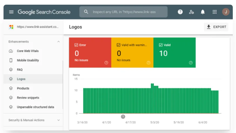 Отчет «Улучшения» в Google Search Console: типы разметки в меню и график числа корректных элементов