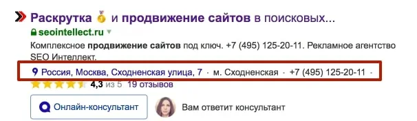 Строка с адресом, станцией метро и телефоном в сниппете организации